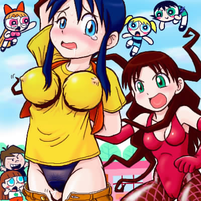 Blossom’s Powerpuff Trio Crossover with Azumanga Daioh Girls – Cosplaying Minamo, Chiyo and Nyamo in Latex Gloves while Sedusa Exposes her Erect Nipples under Clothes!