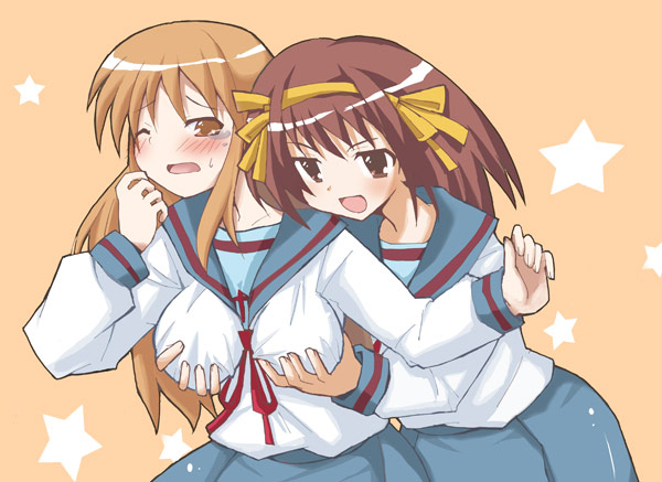 Suzumiya Haruhi and Mikuru’s Breast-Grabbing Adventure – Aki Asahina’s Double Fun