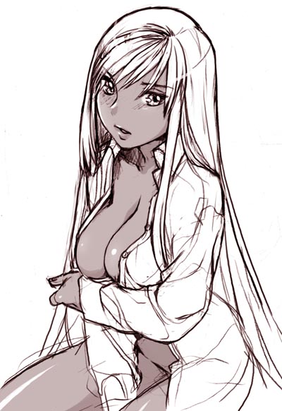 Breasted Breast-Squeezing Code Geass Goddess with Dark Skin and Nekomata, Unbuttoned Shirt – Naomi’s Monochrome Sketch of Villetta Nu