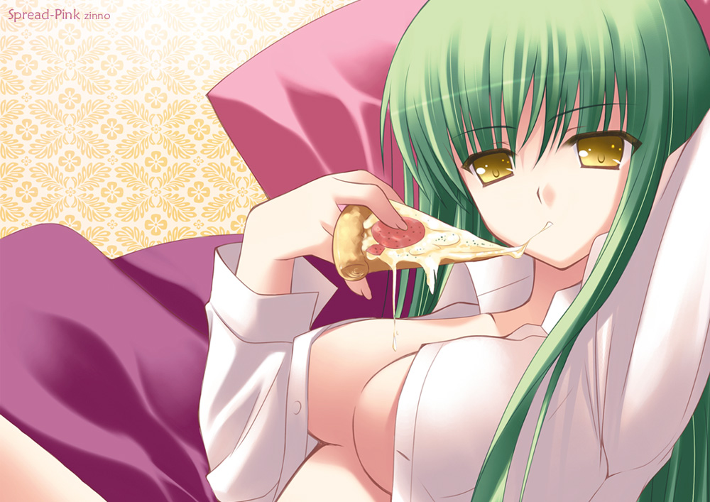 Savoring the Taste of Pizza – A Long-Haired Code Geass Fan Enjoys Her Cheesy Treat.