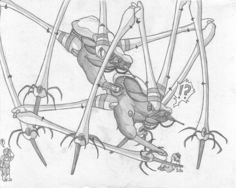 Alien Amarimasi’s Long Legs Penetrated by Surprised Citizen in Black and White Sketch.