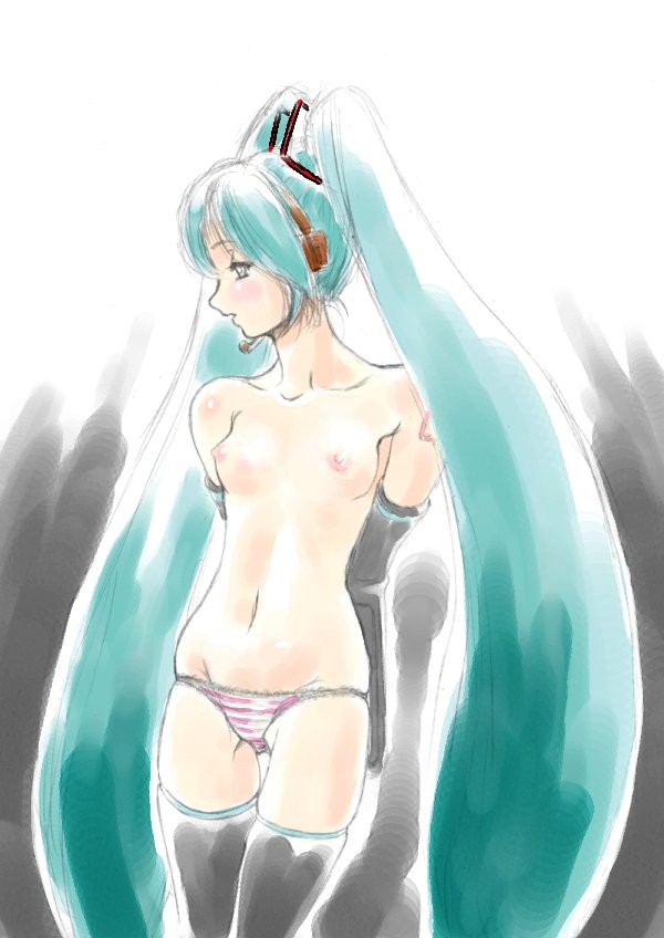 Blushing Hatsune Miku – Long-haired Twintail Vocaloid Seeks Black Thigh Highs and Simple Background