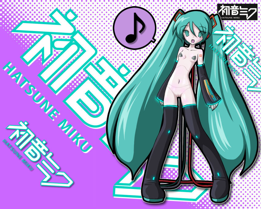 Tied and Twin-tailed Hatsune Miku Poses Nude with Wallpaper Thigh Highs