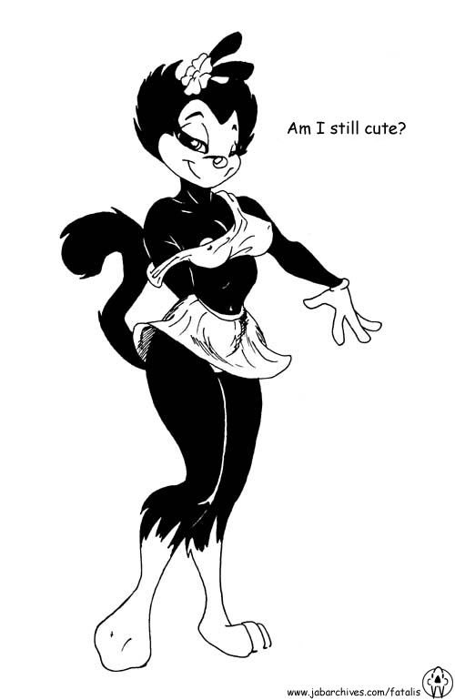 Animaniac’s Anthro Barefoot Black Furred Female with White Dot Breasts and Nipples Smiling in Monochrome Fur