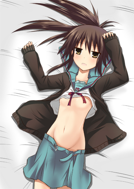 Suzumiya Haruhi’s Open Shirt Adventure: Kyonko’s Flat Chest Exposed!