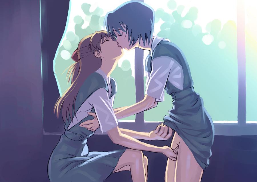 Asuka’s Long Blue Hair Tempts Rei as They Kiss in the Neon Lights