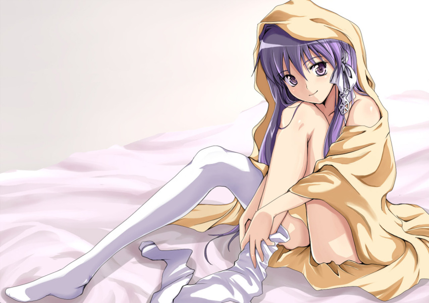 Purple-Haired Goddess: Long Hair, Naked, and Smiling in Thigh-Highs.