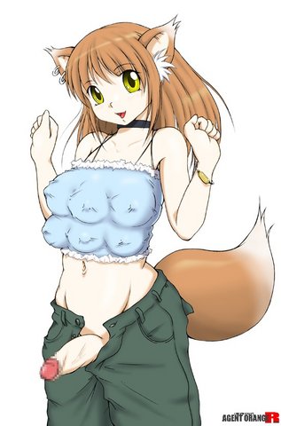 Futanari Intersex Fox Girl with Animal Ears and Six Breasts in a Censored Low-Resolution Hentai Image