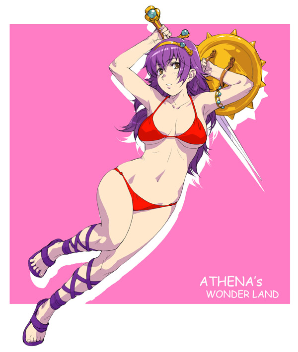 Athena’s Royalty – Purple-Haired Princess in Open Toe Shoes and Bikini Shields Her Sword