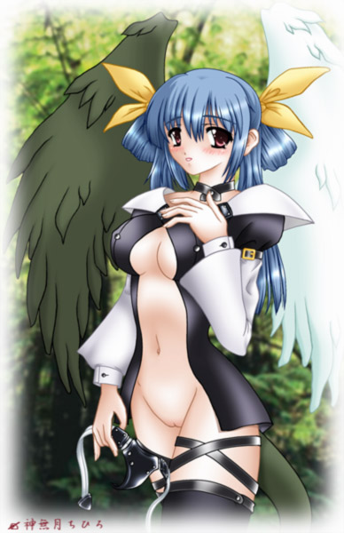 Blue-winged hentai angel with guilt-ridden blush and bottomless cleavage.