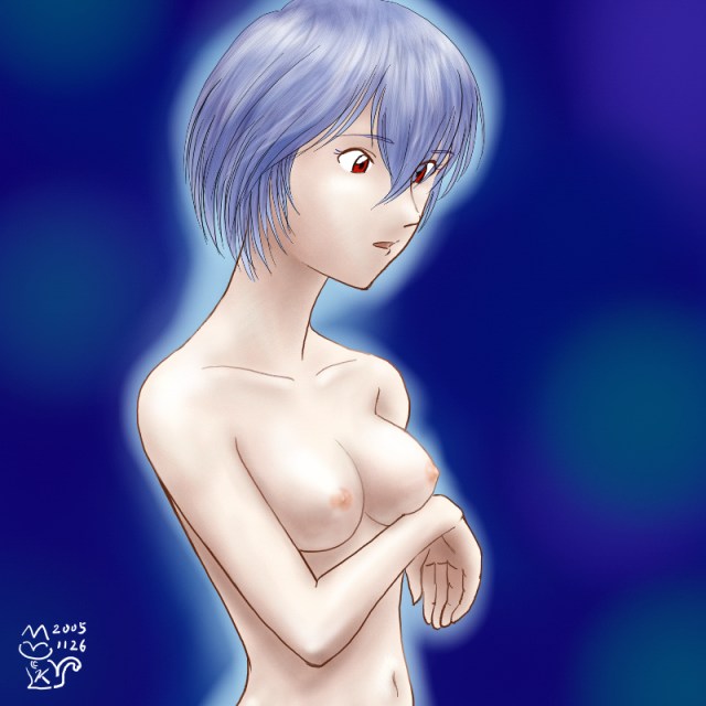 Blue-haired beauty bares her breasts and nipples for Rei Ayanami in ‘Neon Genesis Evangelion’ hentai image.