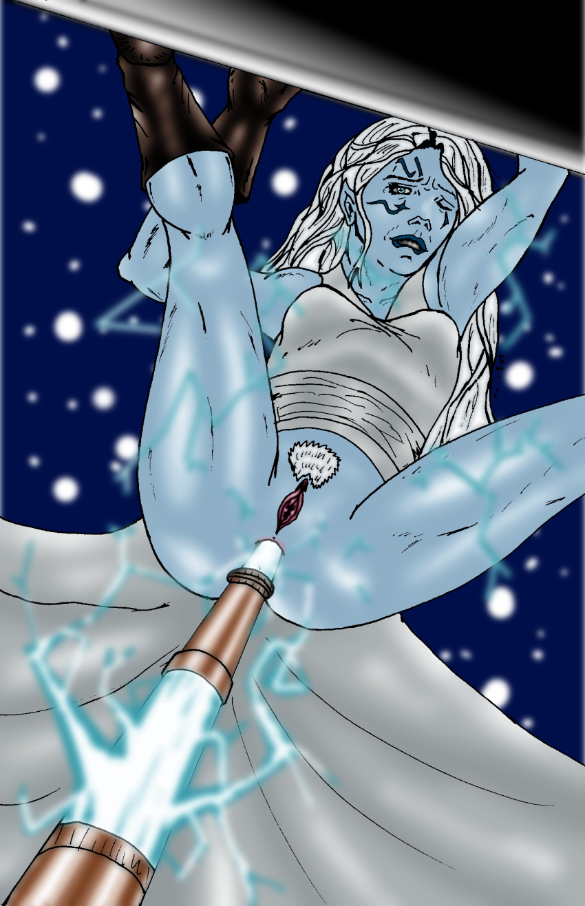 Arkanian Alien Anal Electrostimulation with Lightsaber on Jarael’s Blue Skin, Star Wars Knights of Old Republic Hentai Porn Image.