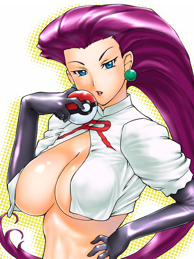 Purple-haired Jessie, holding a Poké Ball with her elbow gloves on, shows off her large breasts in latex gloves while wearing pink lipstick and earrings.