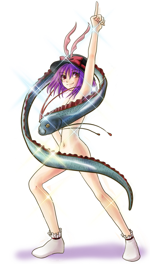 Purple-Haired Nympho in Fishnets and Ribbons on a Simple Background.