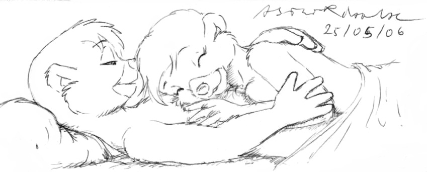 Furry Love – Monochrome Sketch of Male Asthexian and Female Bear Cub.