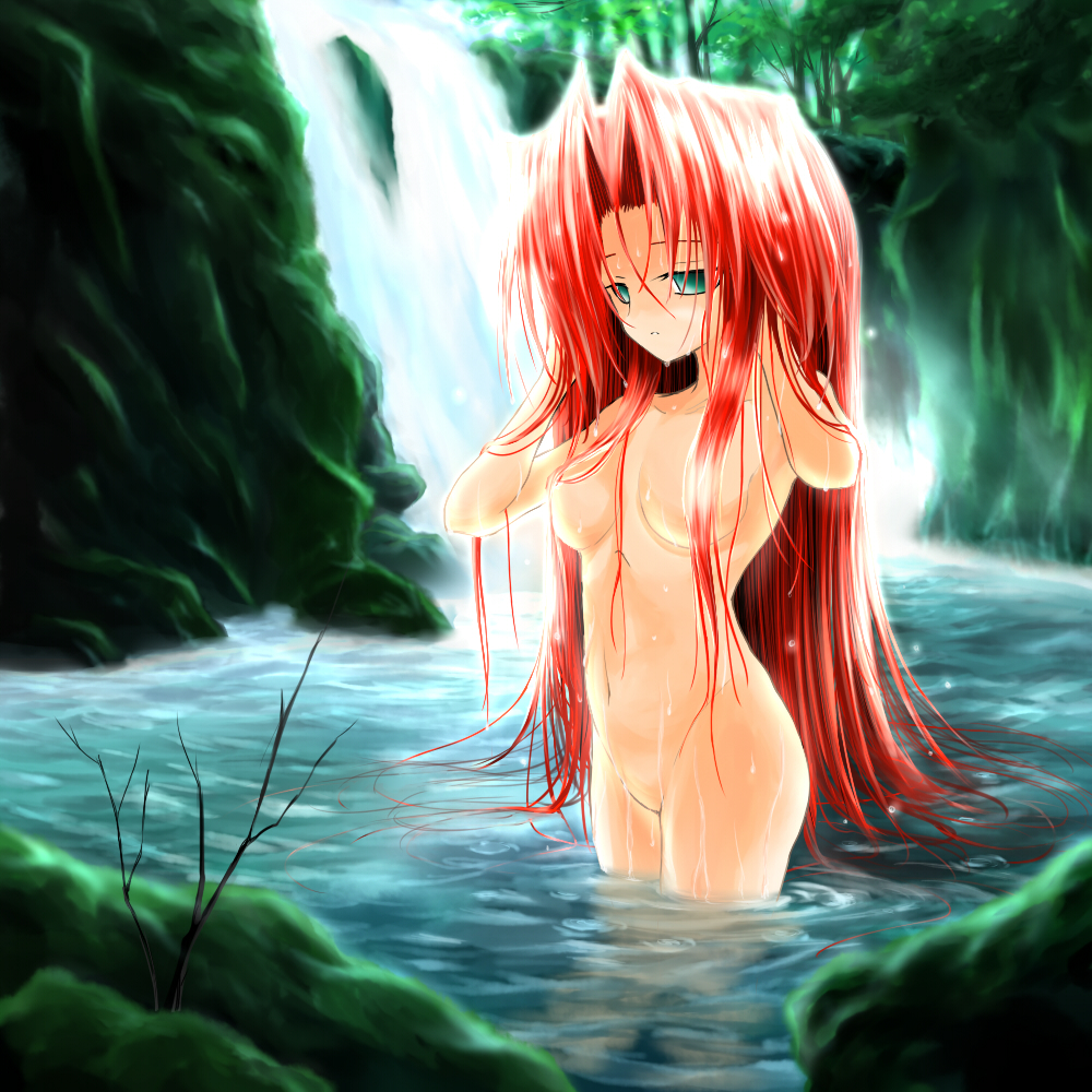 Waterfall Fiend – The Embodiment of Scarlet Devil’s Nude Red Hair Solo Porn Image.