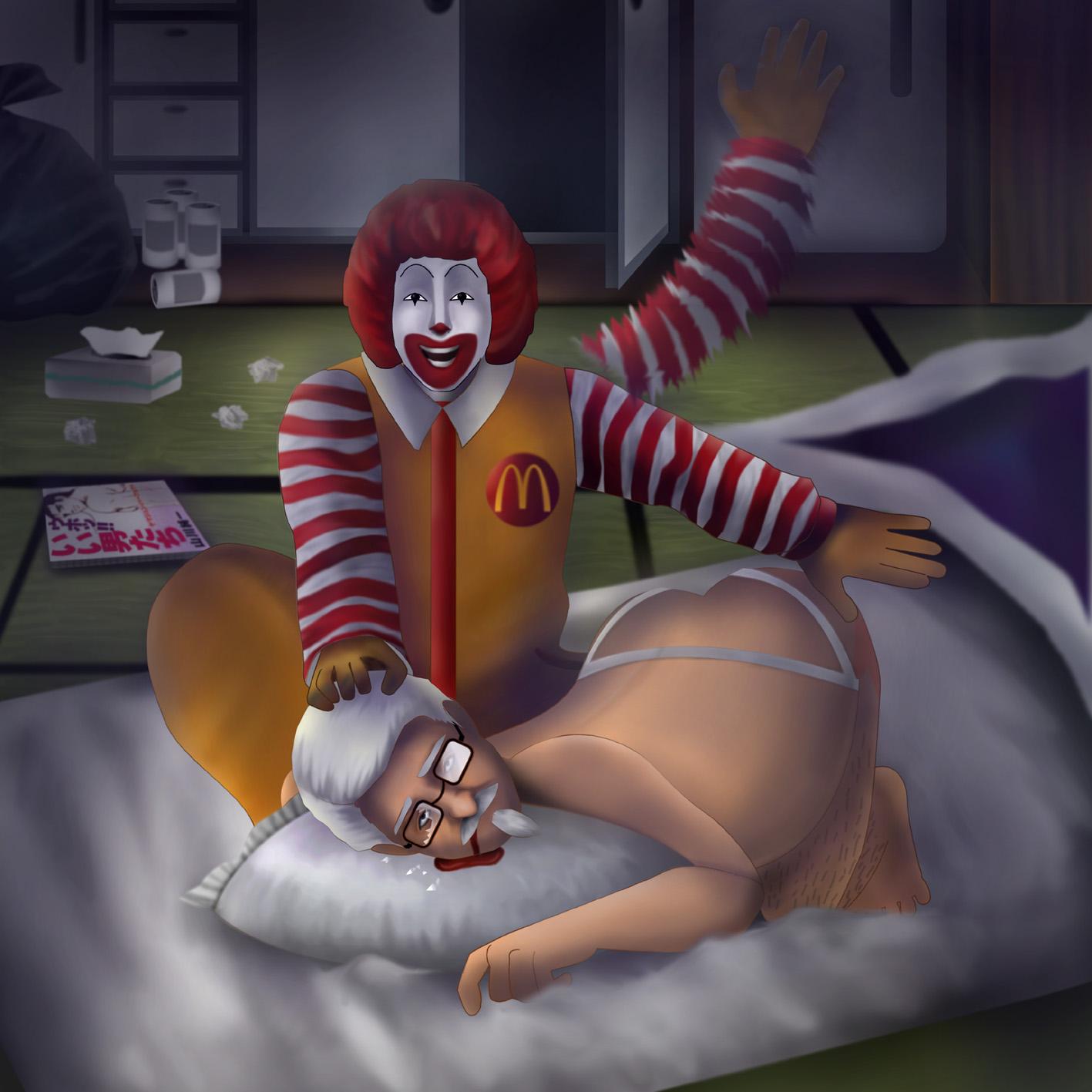 Jockstrap Junkies: Colonel Sanders Spanks the Mustached Ronald McDonald while Looking at Viewer in High-Resolution Hentai Image