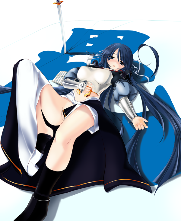 Blue-Haired Seductress in Lying Down Position with Sword and Single Shoe, Enjoying the Company of Uesugi Kenshin from Rance Series.