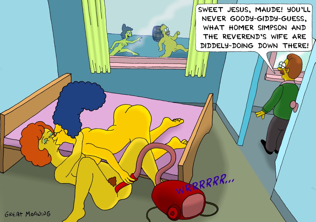 Maude’s Great Yuri Swinger Party: Homer, Ned and Marge Simpson Enjoying 2 Boys 3 Girls with Helen Lovejoy!