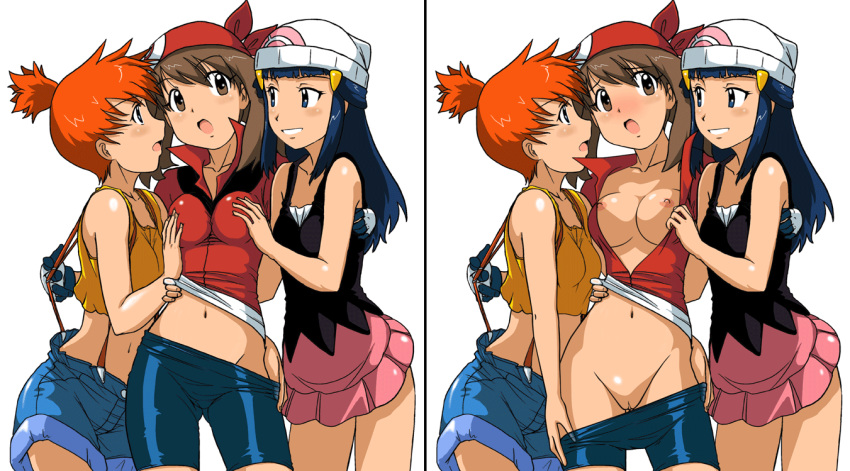 Pulling Off Bike Shorts and Hats – A Latex-Clad Trio of Blushy Blue-Haired Girls.