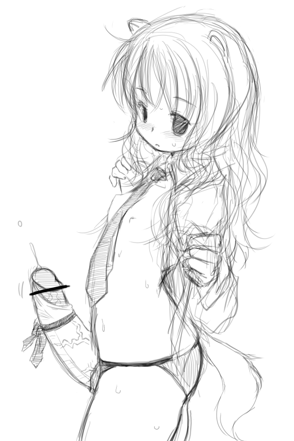 Animal Ear Breasts Futanari Intersex Long Hair Monochrome Necktie Penis Penis Ribbon Retsu Maru Sketch Small Breasts Tail Tie Undressing