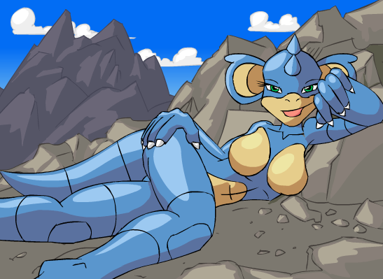 Pikachu’s Blue Skin Fantasy – Nidoqueen Lies On Side In The Sun, Breasts Bouncing With Each Move.