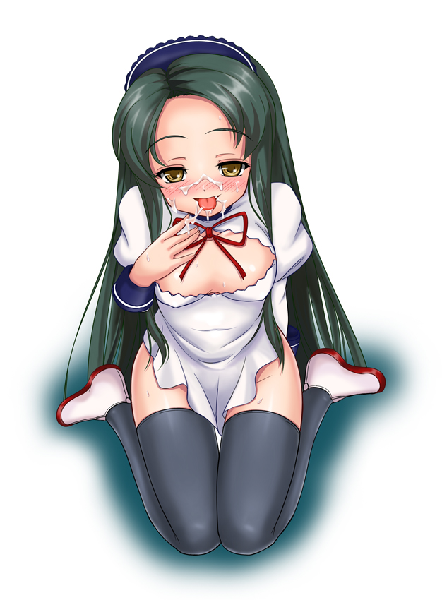 Green-Eyed Maid with Long Hair and Suzumiya’s Cum Facial on Her Thigh Highs.