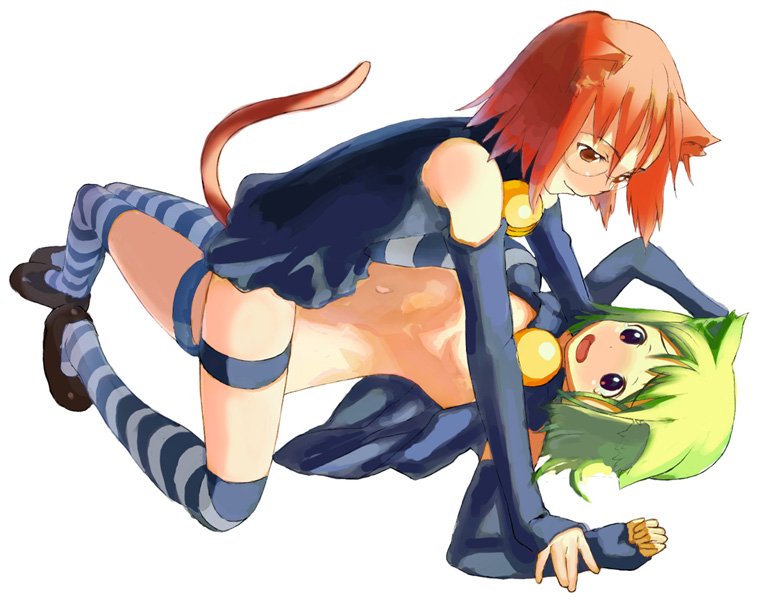 Monika’s Green Knee-High Socks and Bell Collar Cat Ears, with A Rumis Looking at Another Manika