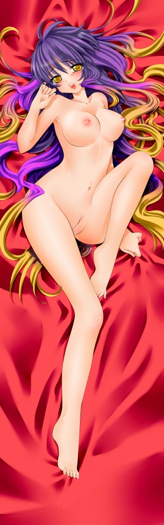 Yellow Eyed Queen Lying on Pink Blush Bed with Yellow Hair and Bare Feet