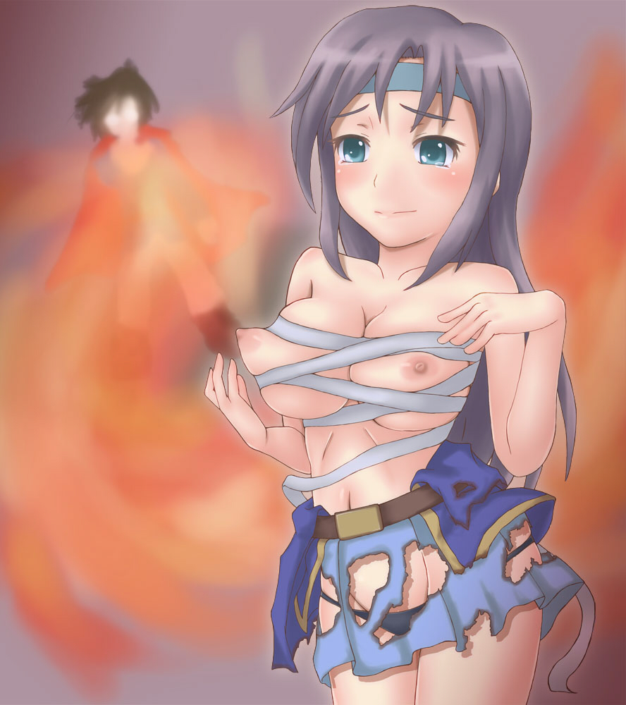 Long-haired Kyuri in Torn Clothes: Green Eyes and Purple Hair Belt Blush and Breasts in Final Fantasy Five Human Faris Scherwiz Finale